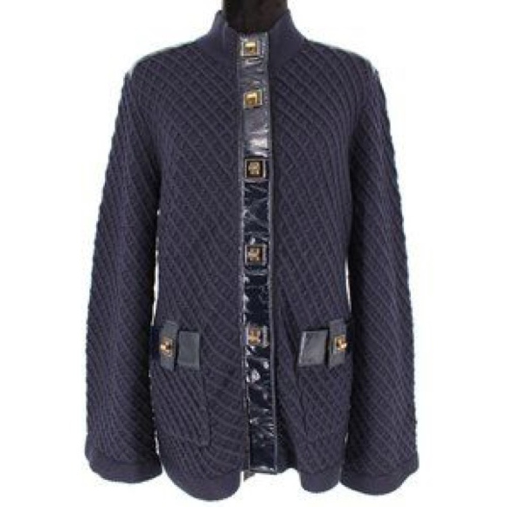 Tory Burch Navy Wool Knit Gold Buckle Down Jacket